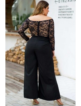 Black Lace Splicing Off Shoulder High Slit Long Sleeve Apparel Plus Size Jumpsuit
