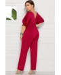 Dark-red Tied Waist V Neck Apparel Plus Size Jumpsuit