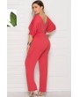 Hot-pink Tied Waist V Neck Apparel Plus Size Jumpsuit