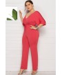 Hot-pink Tied Waist V Neck Apparel Plus Size Jumpsuit