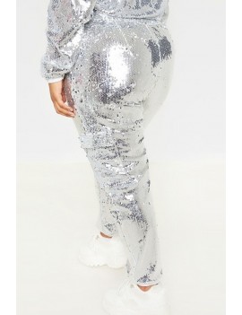 Silver Sequins Pocket High Waist Casual Plus Size Pants