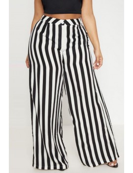 Black-white Stripe High Waist Wide Leg Casual Plus Size Pants