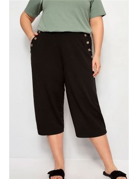 Black Pocket Button Decor Casual Plus Size Cropped Pants
