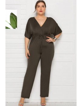 Army-green Tied Waist V Neck Apparel Plus Size Jumpsuit