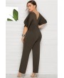 Army-green Tied Waist V Neck Apparel Plus Size Jumpsuit