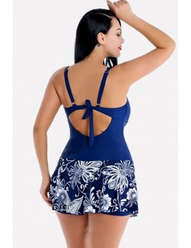 Dark-blue Floral Ruffles Boyshort Apparel Plus Size One Piece Swimsuit