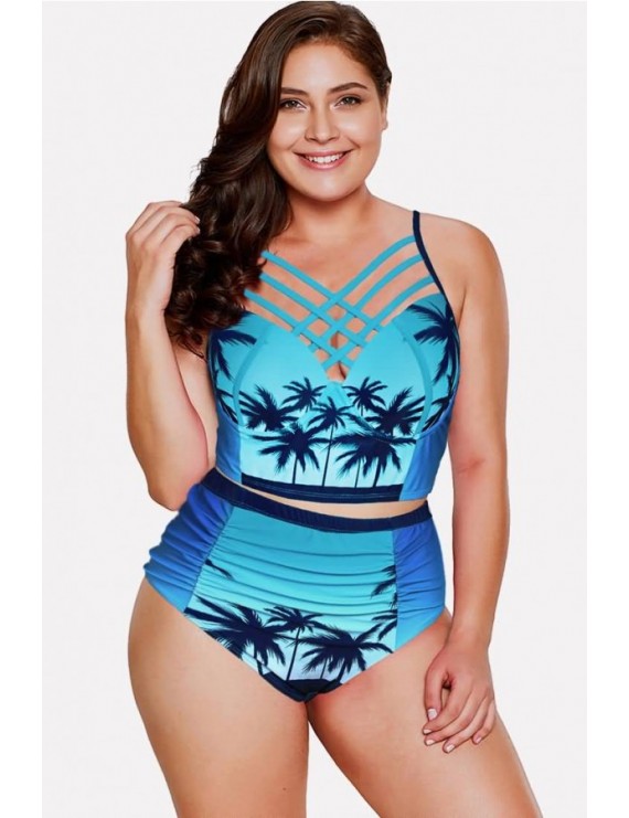 Jade-blue Coconut Print Caged Ruched Cutout Apparel Plus Size Swimwear