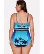 Jade-blue Coconut Print Caged Ruched Cutout Apparel Plus Size Swimwear