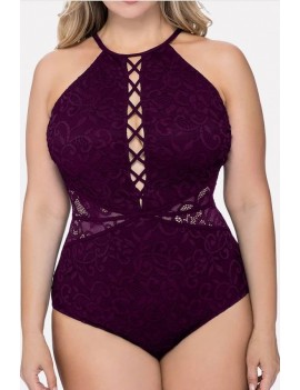 Purple Crochet Lace Splicing Apparel Plus Size One Piece Swimsuit