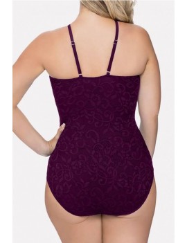 Purple Crochet Lace Splicing Apparel Plus Size One Piece Swimsuit