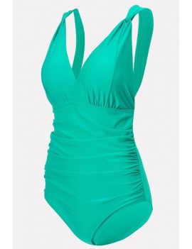 Light-green V Neck Ruched Padded Apparel One Piece Swimsuit
