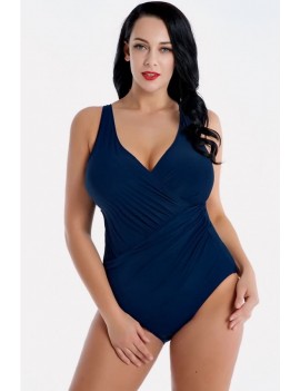 Dark-blue Wrap Ruched Backless Apparel Plus Size One Piece Swimsuit