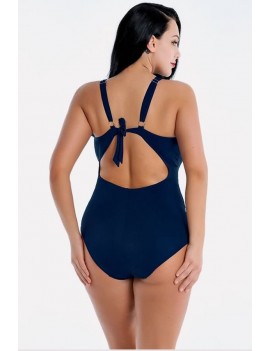 Dark-blue Wrap Ruched Backless Apparel Plus Size One Piece Swimsuit