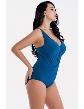 Blue Wrap Ruched Backless Apparel Plus Size One Piece Swimsuit