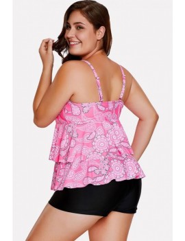 Pink Floral Print Ruffles Tiered Apparel Plus Size Tankini Swimsuit