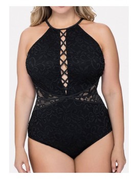 Black Crochet Lace Splicing Apparel Plus Size One Piece Swimsuit