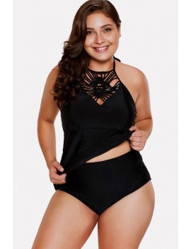 Black Braided Strappy Halter Apparel Plus Size Tankini Swimsuit
