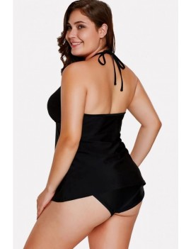 Black Braided Strappy Halter Apparel Plus Size Tankini Swimsuit