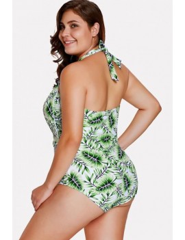 Green Leaf Print Halter Padded Apparel One Piece Swimsuit