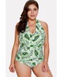 Green Leaf Print Halter Padded Apparel One Piece Swimsuit