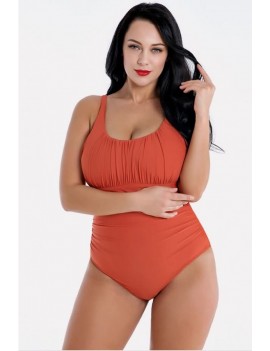 Orange Pleated U Neck Tied Back Apparel Plus Size One Piece Swimsuit