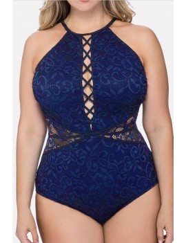 Dark-blue Crochet Lace Splicing Apparel Plus Size One Piece Swimsuit