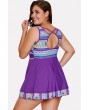 Purple Tribal Print Crisscross Ruffles Hem Apparel Tankini Swimsuit