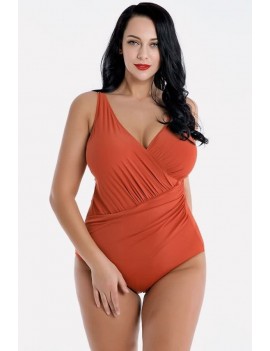 Orange Wrap Ruched Backless Apparel Plus Size One Piece Swimsuit