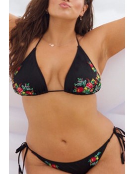 Black Halter Floral Embroidery Two Piece Plus Size Swimwear Swimsuit