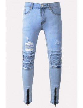 Men Light-blue Ruched Ripped Zipper Front Casual Slim Jeans