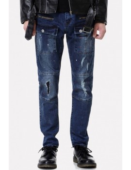 Men Blue Printed Ripped Zipper Decor Casual Jeans