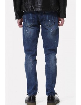 Men Blue Printed Ripped Zipper Decor Casual Jeans