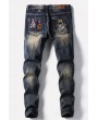 Men Blue Embroidery Ripped Casual Jeans