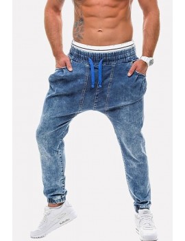 Men Blue Slant Pocket Drawstring Waist Casual Jeans
