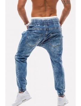 Men Blue Slant Pocket Drawstring Waist Casual Jeans
