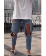Men Blue Ripped Roll Hem Hollow Out Casual Slim Jeans
