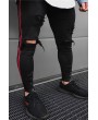 Men Black Stripe Side Ripped Zipper Front Casual Skinny Jeans
