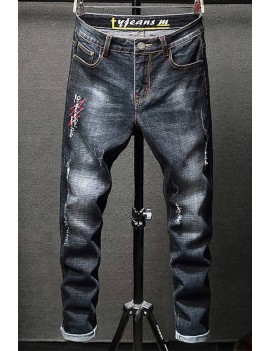 Men Black Embroidery Letters Ripped Casual Jeans