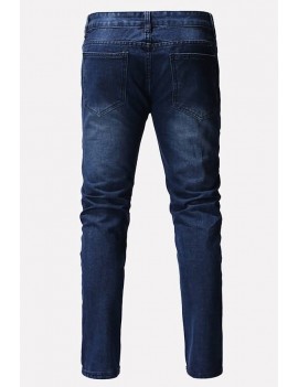Men Blue Ripped Zipper Front Casual Jeans