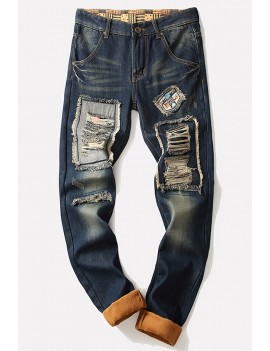 Men Blue Ripped Patched Casual Thick Jeans