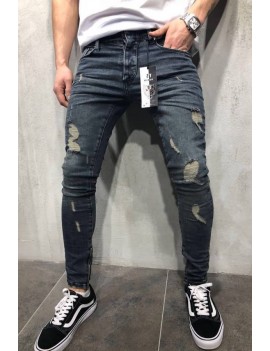 Men Blue Ripped Zipper Side Casual Skinny Jeans