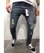 Men Blue Ripped Zipper Side Casual Skinny Jeans