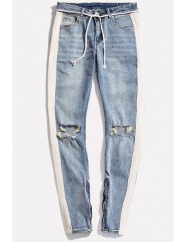 Men Light-blue Side Tape Ripped Casual Slim Jeans