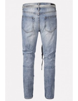 Men Light-blue Ripped Zipper Side Casual Jeans