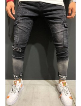 Men Black Letters Print Ripped Casual Slim Jeans
