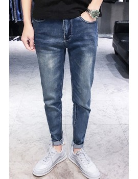 Men Blue Bleach Wash Pocket Casual Thick Jeans