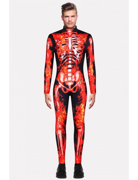 Men Black-red Skeleton Fire Print Halloween swimwear