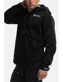 Men Black Letters Print Zipper Up Hooded Collar Sports Rain Jackets