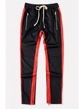 Men Stripe Side Zipper Pocket Drawstring Waist Sports Sweat Pants