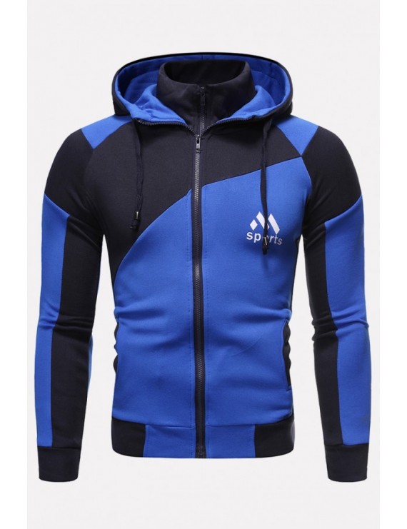 Men Blue Letters Print Zipper Up Long Sleeve Hooded Sports Coats